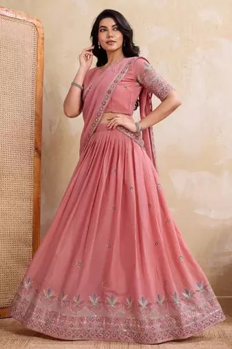 Delightful pink Thread and Sequins Embroidery Star Georgette designer wedding indian lehenga Choli dress