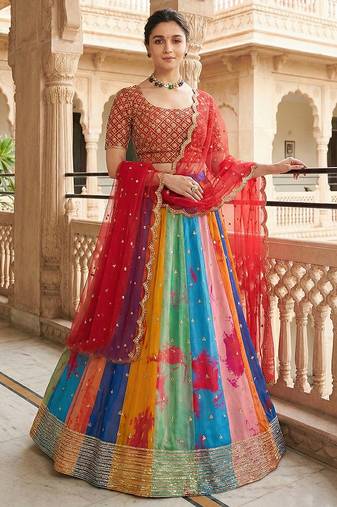 multicolor  Embroidered Georgette Lehenga set choli dupatta