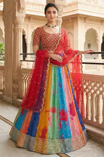 multicolor  Embroidered Georgette Lehenga set choli dupatta