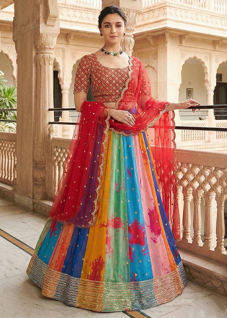 multicolor  Embroidered Georgette Lehenga set choli dupatta