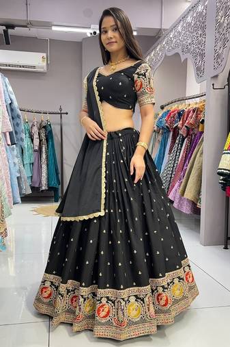 Black Embroidery sequins work Roman-Silk Indian wedding lehenga Choli