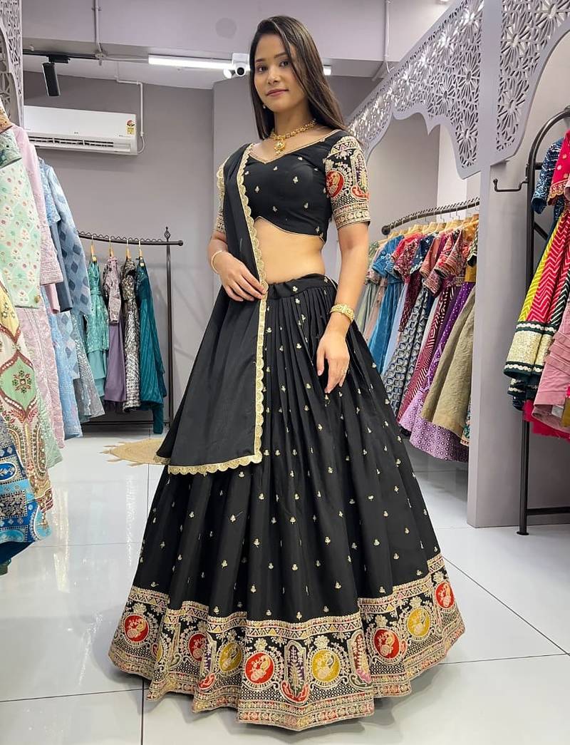 Black Embroidery sequins work Roman-Silk Indian wedding lehenga Choli