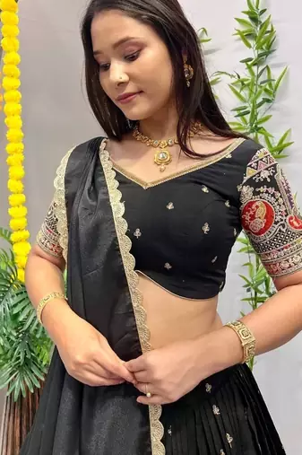 Black Embroidery sequins work Roman-Silk Indian wedding lehenga Choli