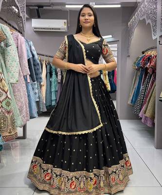 Black Embroidery sequins work Roman-Silk Indian wedding lehenga Choli 3