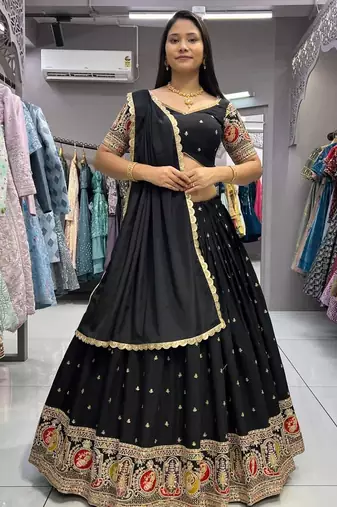 Black Embroidery sequins work Roman-Silk Indian wedding lehenga Choli