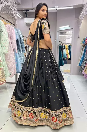 Black Embroidery sequins work Roman-Silk Indian wedding lehenga Choli