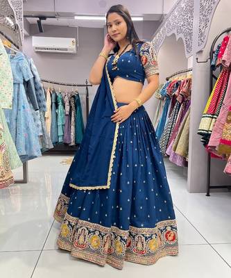 Blue Sequins and Thread Embroidered Roman-Silk indian designer lehenga Choli 1