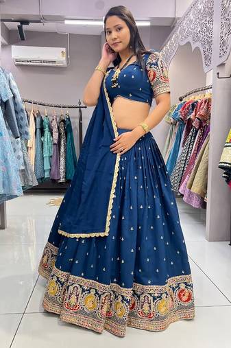 Blue Sequins and Thread Embroidered Roman-Silk indian designer lehenga Choli