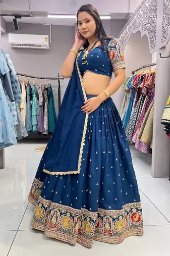Blue Sequins and Thread Embroidered Roman-Silk indian designer lehenga Choli