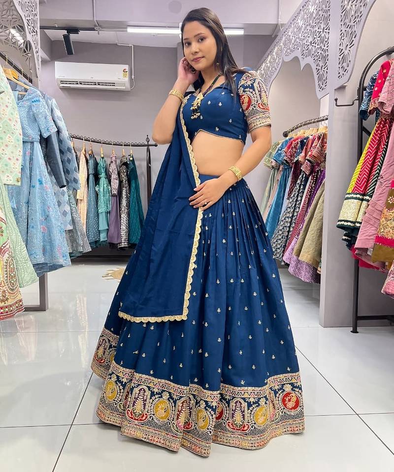Blue Sequins and Thread Embroidered Roman-Silk indian designer lehenga Choli