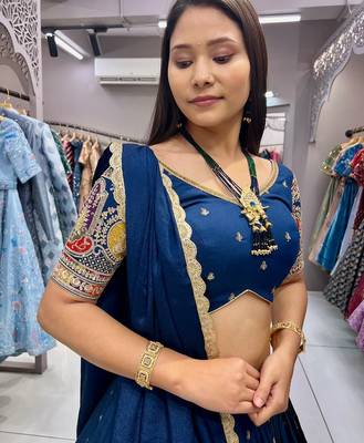 Blue Sequins and Thread Embroidered Roman-Silk indian designer lehenga Choli 2