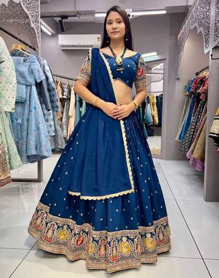 Blue Sequins and Thread Embroidered Roman-Silk indian designer lehenga Choli 3