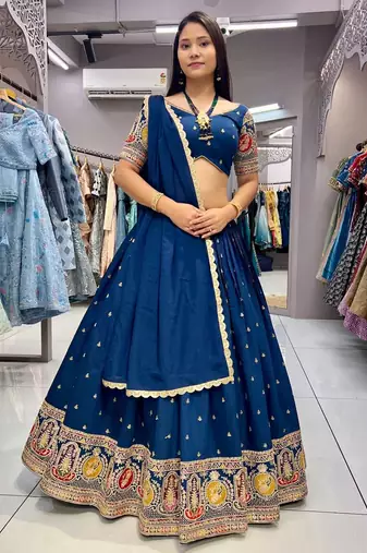 Blue Sequins and Thread Embroidered Roman-Silk indian designer lehenga Choli