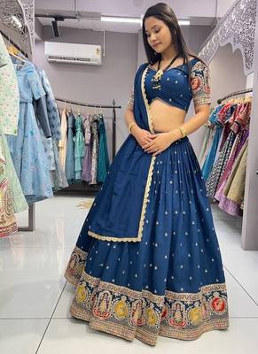 Blue Sequins and Thread Embroidered Roman-Silk indian designer lehenga Choli 4