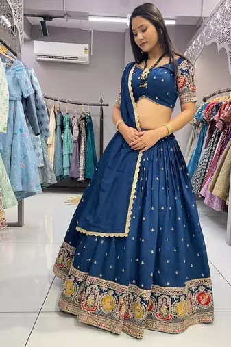 Blue Sequins and Thread Embroidered Roman-Silk indian designer lehenga Choli