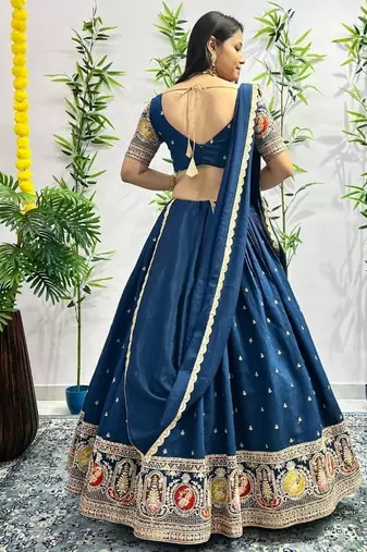 Blue Sequins and Thread Embroidered Roman-Silk indian designer lehenga Choli