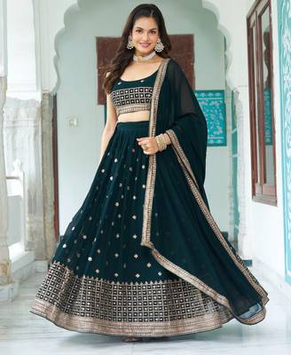 Teal Blue sequins embroidery work Faux Georgette indian designer wedding lehenga Choli 1