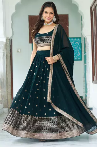 Teal Blue sequins embroidery work Faux Georgette indian designer wedding lehenga Choli