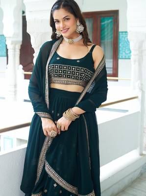 Teal Blue sequins embroidery work Faux Georgette indian designer wedding lehenga Choli 2