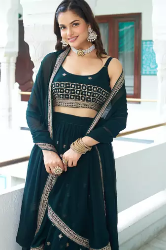 Teal Blue sequins embroidery work Faux Georgette indian designer wedding lehenga Choli