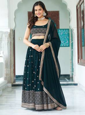 Teal Blue sequins embroidery work Faux Georgette indian designer wedding lehenga Choli 3