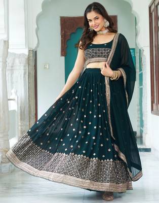 Teal Blue sequins embroidery work Faux Georgette indian designer wedding lehenga Choli 4