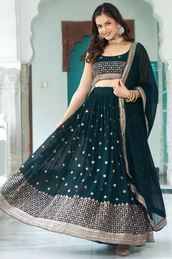 Teal Blue sequins embroidery work Faux Georgette indian designer wedding lehenga Choli