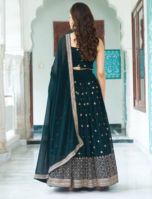 Teal Blue sequins embroidery work Faux Georgette indian designer wedding lehenga Choli 5