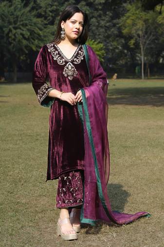 Wine velvet hand embroidered kurta set with dupatta