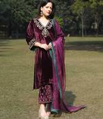 Wine velvet hand embroidered kurta set with dupatta
