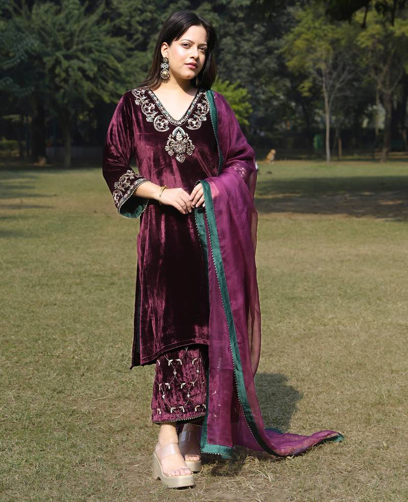 Wine velvet hand embroidered kurta set with dupatta