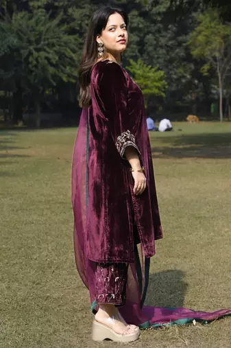 Wine velvet hand embroidered kurta set with dupatta