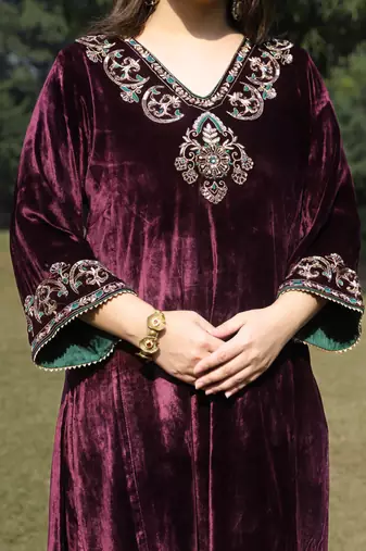 Wine velvet hand embroidered kurta set with dupatta