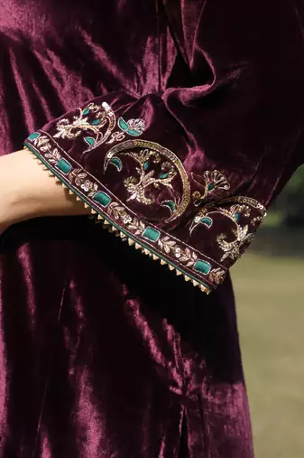 Wine velvet hand embroidered kurta set with dupatta