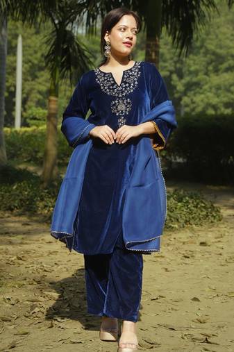 Blue velvet hand embroidered kurta set with dupatta