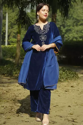 Blue velvet hand embroidered kurta set with dupatta