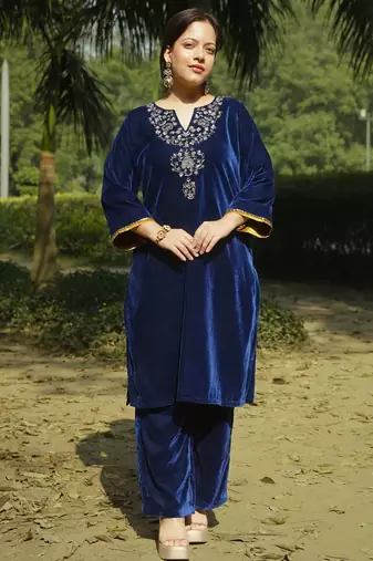 Blue velvet hand embroidered kurta set with dupatta