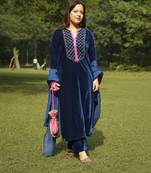 Blue velvet yoke hand embroidered kurta set with dupatta