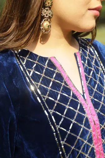 Blue velvet yoke hand embroidered kurta set with dupatta