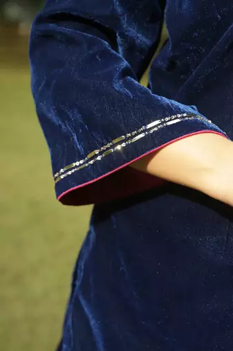 Blue velvet yoke hand embroidered kurta set with dupatta