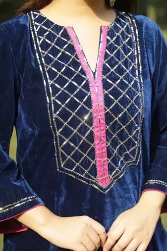 Blue velvet yoke hand embroidered kurta set with dupatta