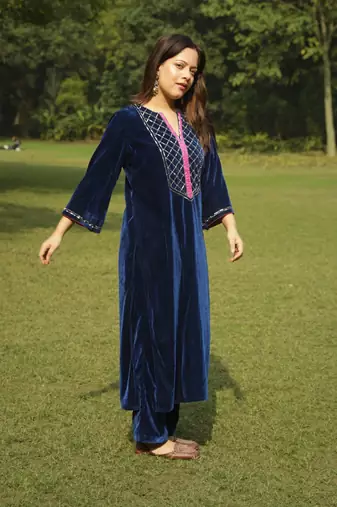 Blue velvet yoke hand embroidered kurta set