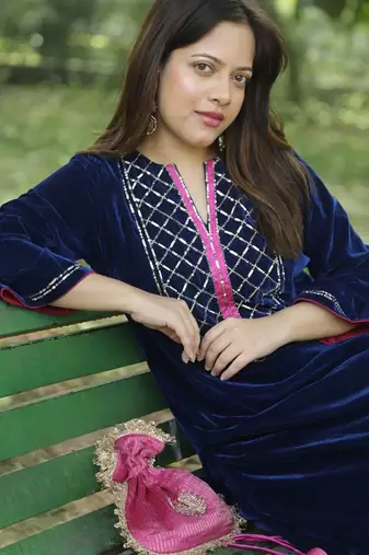 Blue velvet yoke hand embroidered kurta set