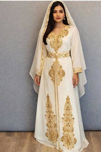 Off white handcrafted zari work stitched georgette kaftan party dress