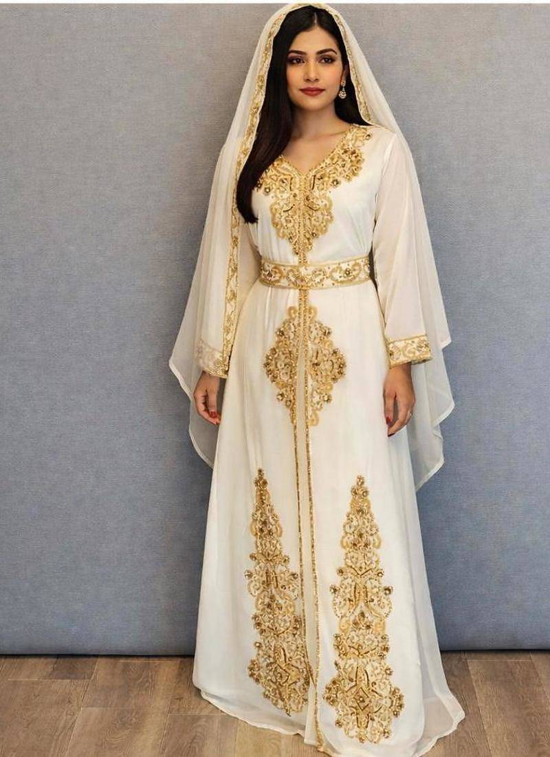 Off white handcrafted zari work stitched georgette kaftan party dress