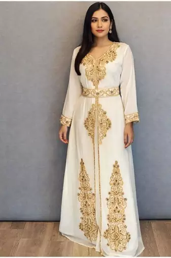 Off white handcrafted zari work stitched georgette kaftan party dress