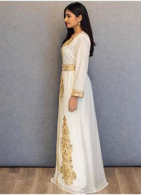 Off white handcrafted zari work stitched georgette kaftan party dress 3