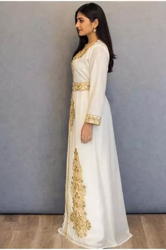 Off white handcrafted zari work stitched georgette kaftan party dress