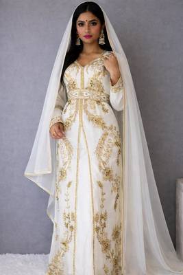Off White Handcrafted Zari work Stitched Georgette Kaftan festive Dress 1