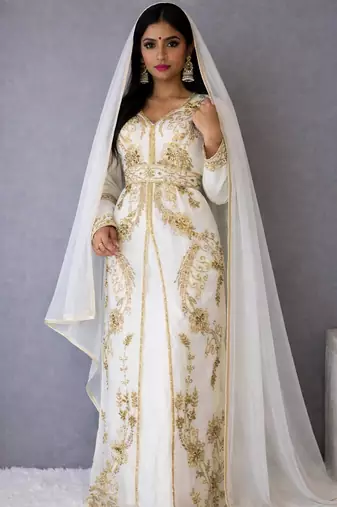 Off White Handcrafted Zari work Stitched Georgette Kaftan festive Dress